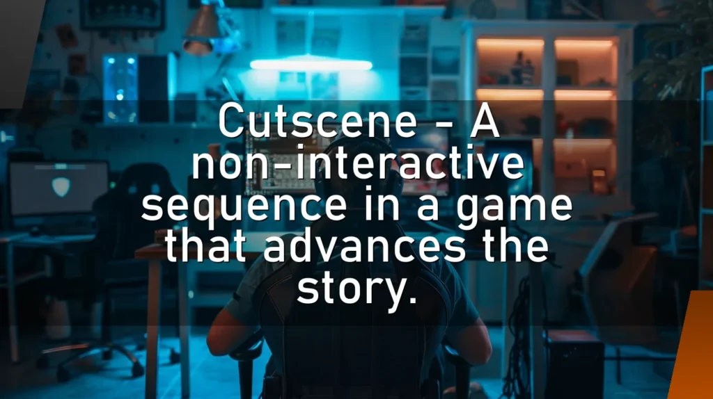 Cutscene – A non-interactive sequence in a game that advances the story.