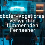 Roboter-Vogel crasht verwirrt in flimmernden Fernseher